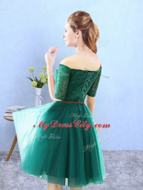 Green Lace Up Off The Shoulder Lace Bridesmaid Gown Tulle Half Sleeves
