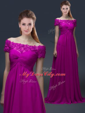 Off The Shoulder Short Sleeves Chiffon Mother of Groom Dress Appliques Lace Up