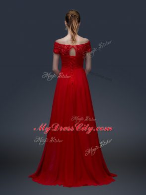 Off The Shoulder Short Sleeves Chiffon Mother of Groom Dress Appliques Lace Up