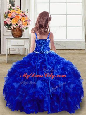 Organza Straps Sleeveless Lace Up Beading and Ruffles Little Girls Pageant Dress in Royal Blue