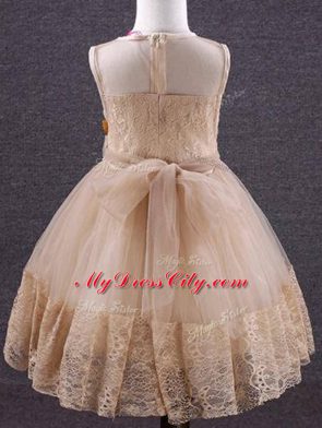 Champagne Ball Gowns Lace and Hand Made Flower Flower Girl Dresses for Less Zipper Tulle Sleeveless Knee Length