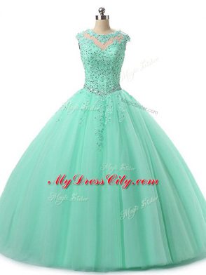 Apple Green Sleeveless Floor Length Beading and Lace Lace Up 15th Birthday Dress