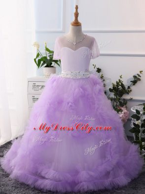 Floor Length Ball Gowns Short Sleeves Lavender Kids Pageant Dress Clasp Handle