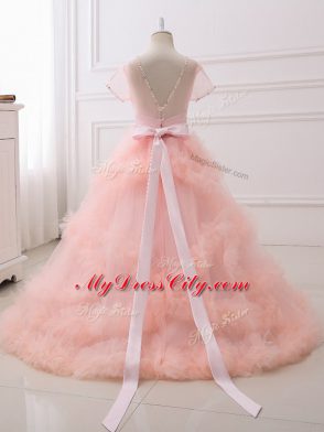 Floor Length Ball Gowns Short Sleeves Lavender Kids Pageant Dress Clasp Handle