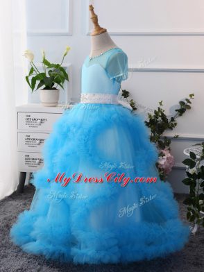 Floor Length Ball Gowns Short Sleeves Lavender Kids Pageant Dress Clasp Handle