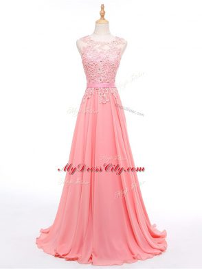 Watermelon Red Empire Sleeveless Chiffon Brush Train Lace Up Beading and Lace Womens Evening Dresses
