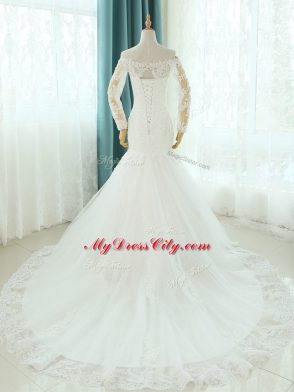 White Tulle Lace Up Wedding Dress Sleeveless Court Train Beading and Appliques