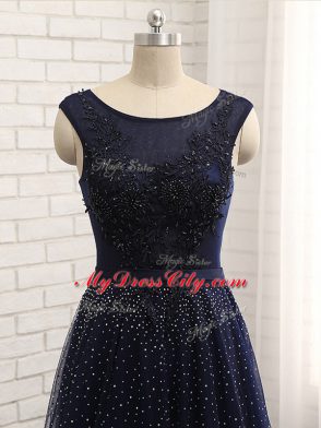 Scoop Sleeveless Mother Dresses Floor Length Beading Navy Blue Tulle