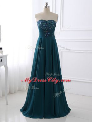 Free and Easy Teal Zipper Mother of the Bride Dress Sequins and Ruching Sleeveless Floor Length