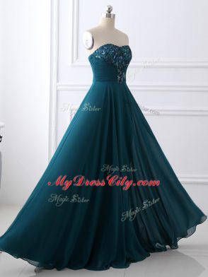 Free and Easy Teal Zipper Mother of the Bride Dress Sequins and Ruching Sleeveless Floor Length