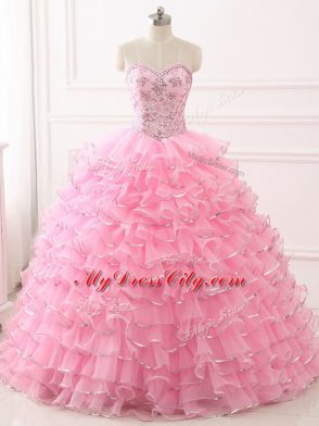 Graceful Baby Pink Organza Lace Up Sweetheart Sleeveless Sweet 16 Dresses Sweep Train Beading and Ruffled Layers