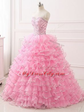 Graceful Baby Pink Organza Lace Up Sweetheart Sleeveless Sweet 16 Dresses Sweep Train Beading and Ruffled Layers