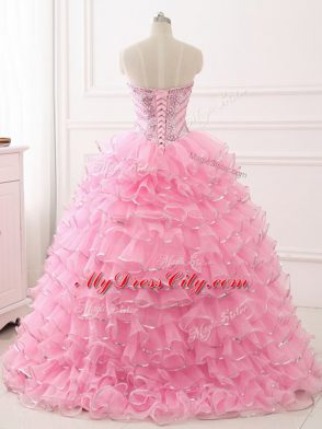 Graceful Baby Pink Organza Lace Up Sweetheart Sleeveless Sweet 16 Dresses Sweep Train Beading and Ruffled Layers