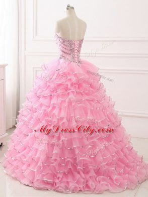 Graceful Baby Pink Organza Lace Up Sweetheart Sleeveless Sweet 16 Dresses Sweep Train Beading and Ruffled Layers