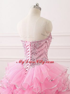 Graceful Baby Pink Organza Lace Up Sweetheart Sleeveless Sweet 16 Dresses Sweep Train Beading and Ruffled Layers