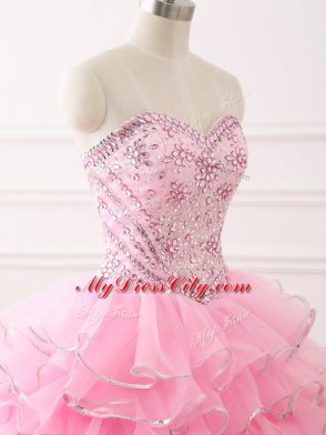 Graceful Baby Pink Organza Lace Up Sweetheart Sleeveless Sweet 16 Dresses Sweep Train Beading and Ruffled Layers