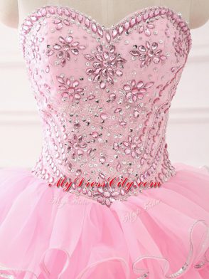 Graceful Baby Pink Organza Lace Up Sweetheart Sleeveless Sweet 16 Dresses Sweep Train Beading and Ruffled Layers