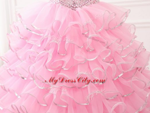 Graceful Baby Pink Organza Lace Up Sweetheart Sleeveless Sweet 16 Dresses Sweep Train Beading and Ruffled Layers