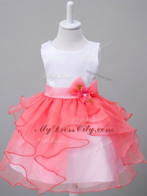 Customized White And Red Pageant Gowns For Girls Wedding Party with Ruffles and Bowknot Scoop Sleeveless Zipper