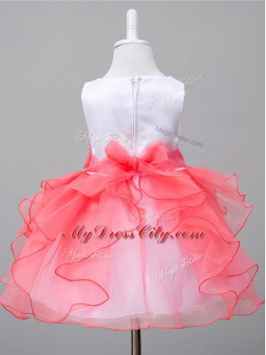 Customized White And Red Pageant Gowns For Girls Wedding Party with Ruffles and Bowknot Scoop Sleeveless Zipper