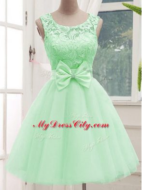 On Sale Apple Green Tulle Lace Up Scoop Sleeveless Knee Length Wedding Guest Dresses Lace and Bowknot