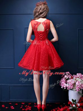 A-line Beading and Lace Quinceanera Court of Honor Dress Lace Up Tulle Sleeveless Knee Length