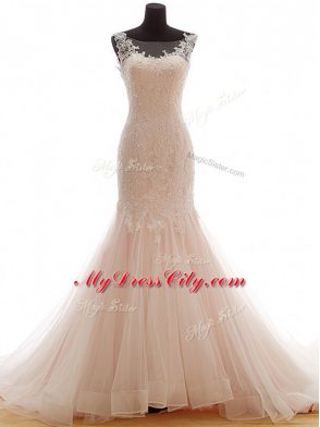 Traditional Pink Mermaid Bateau Sleeveless Tulle Brush Train Lace Up Lace Wedding Gown