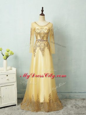 Yellow Zipper Evening Outfits Beading and Appliques and Belt Long Sleeves Floor Length