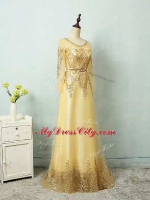 Yellow Zipper Evening Outfits Beading and Appliques and Belt Long Sleeves Floor Length