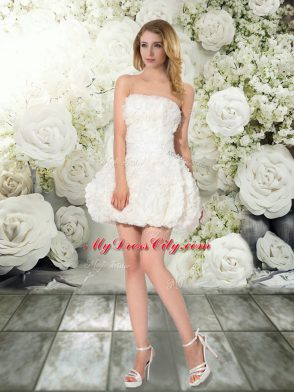 Fancy White Ball Gowns Off The Shoulder Sleeveless Fabric With Rolling Flowers Mini Length Lace Up Ruffles and Belt Wedding Dresses