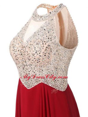 Excellent Sleeveless Floor Length Beading Zipper Dress for Prom with Wine Red