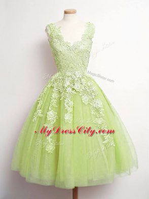 Lace Court Dresses for Sweet 16 Yellow Green Lace Up Sleeveless Knee Length