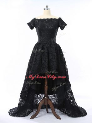 Sophisticated Black A-line Lace Scalloped Short Sleeves Lace High Low Zipper Prom Dress
