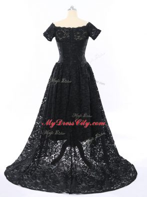 Sophisticated Black A-line Lace Scalloped Short Sleeves Lace High Low Zipper Prom Dress