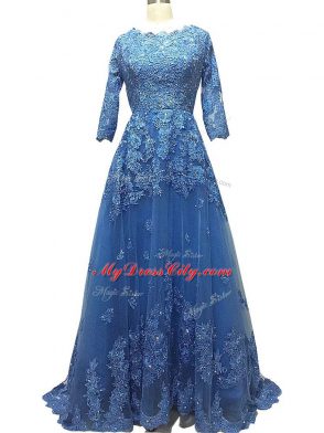 3 4 Length Sleeve Lace and Appliques Zipper Dress for Prom with Blue Brush Train