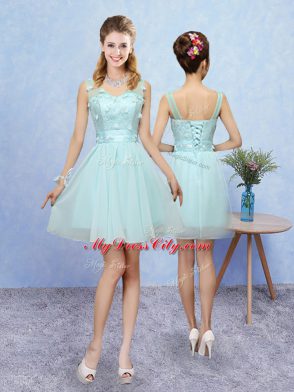 Hot Sale Aqua Blue Straps Neckline Appliques Quinceanera Court of Honor Dress Sleeveless Lace Up