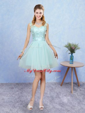 Hot Sale Aqua Blue Straps Neckline Appliques Quinceanera Court of Honor Dress Sleeveless Lace Up