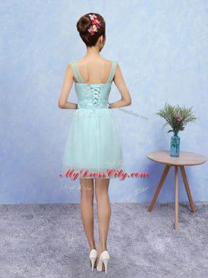 Hot Sale Aqua Blue Straps Neckline Appliques Quinceanera Court of Honor Dress Sleeveless Lace Up