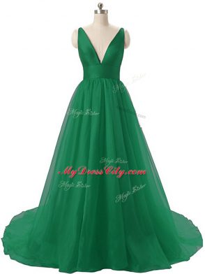 Superior Dark Green Organza Backless Homecoming Dresses Sleeveless Brush Train Ruching