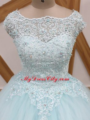 Light Blue Ball Gowns Beading and Lace Quinceanera Gown Zipper Tulle Sleeveless