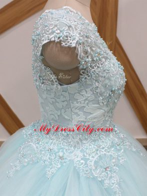 Light Blue Ball Gowns Beading and Lace Quinceanera Gown Zipper Tulle Sleeveless