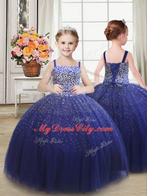 Royal Blue Straps Neckline Beading Little Girls Pageant Dress Sleeveless Lace Up