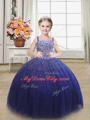 Royal Blue Straps Neckline Beading Little Girls Pageant Dress Sleeveless Lace Up