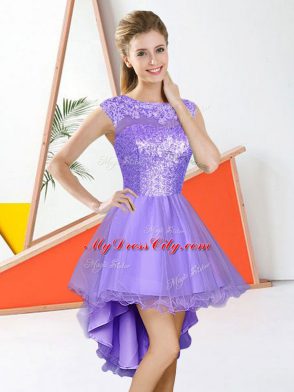 Wonderful High Low Backless Wedding Guest Dresses Lavender for Prom and Party with Beading and Lace