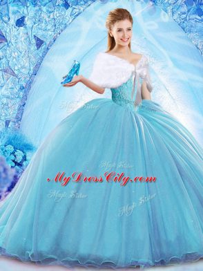 Suitable Baby Blue Ball Gowns Off The Shoulder Sleeveless Organza Sweep Train Lace Up Beading Quinceanera Gowns