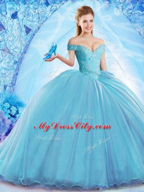 Suitable Baby Blue Ball Gowns Off The Shoulder Sleeveless Organza Sweep Train Lace Up Beading Quinceanera Gowns