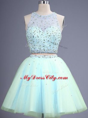 Dramatic Light Blue Sleeveless Beading Knee Length Wedding Guest Dresses