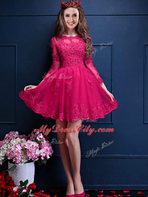 3 4 Length Sleeve Chiffon Mini Length Lace Up Bridesmaid Dress in Hot Pink with Beading and Lace and Appliques