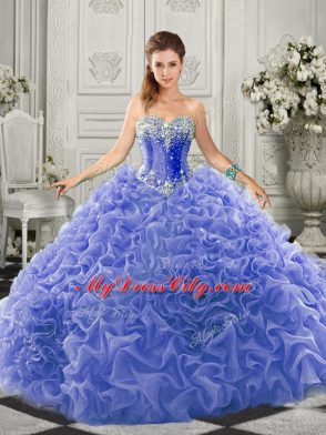 Dazzling Blue Lace Up 15 Quinceanera Dress Beading and Ruffles Sleeveless Court Train
