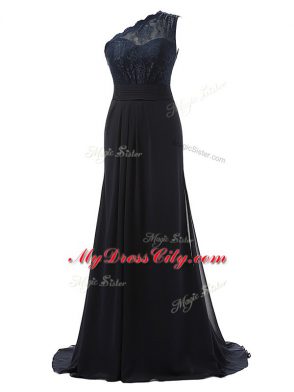 Black Column/Sheath Chiffon One Shoulder Sleeveless Lace Side Zipper Dama Dress Brush Train